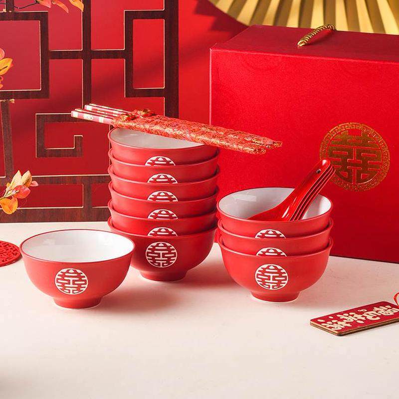 人高档喜碗礼品中式结婚勺新结婚哑光礼盒碗筷宫廷风红色高脚碗装,淘宝优惠券,粉丝福利购,淘宝优惠卷
