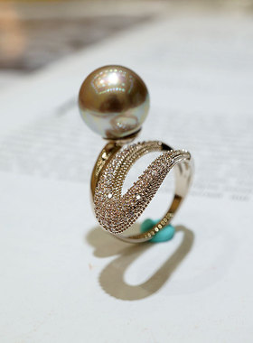 韩国螺旋开口大气珍珠食指戒指女百搭指环优雅气场日韩潮人饰品女