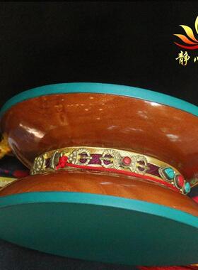 尼泊尔手工手鼓藏传供具八吉祥鼓幡圆形藏式鼓桑丹木拨浪鼓摆件