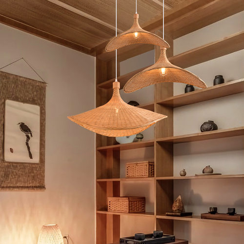 藤编草帽吊灯复古斗笠灯火锅店咖啡厅酒店茶室服装店餐厅竹艺吊灯 - 图2