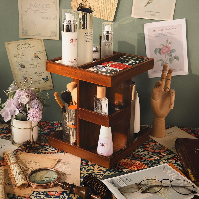 复古可旋转木质化妆品收纳盒桌面梳妆台护K肤品口红整理置物架分,淘宝优惠券,粉丝福利购,淘宝优惠卷