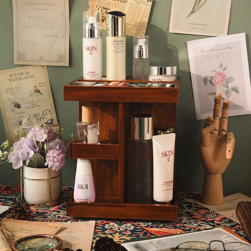 复古可旋转木质化妆品收纳盒桌面梳妆台护K肤品口红整理置物架分,淘宝优惠券,粉丝福利购,淘宝优惠卷