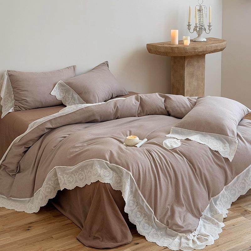 法式复古风柔软全棉双层纱四件套简约纯色蕾丝花边被套床上用品,淘宝优惠券,粉丝福利购,淘宝优惠卷