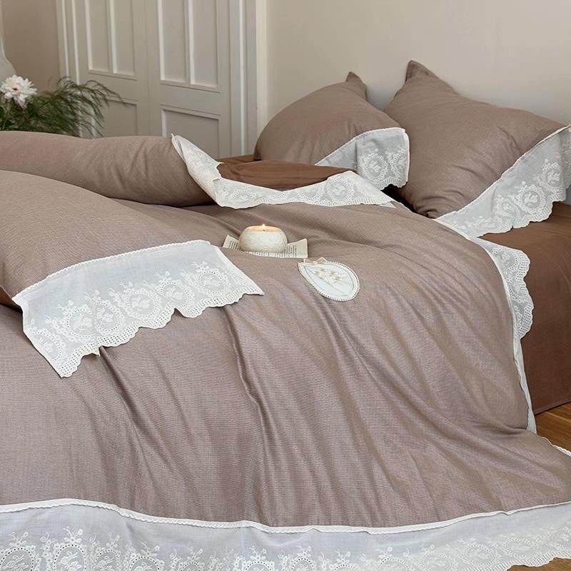 法式复古风柔软全棉双层纱四件套简约纯色蕾丝花边被套床上用品,淘宝优惠券,粉丝福利购,淘宝优惠卷