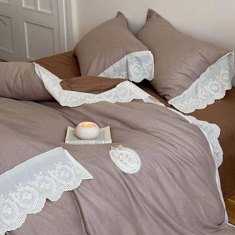 法式复古风柔软全棉双层纱四件套简约纯色蕾丝花边被套床上用品,淘宝优惠券,粉丝福利购,淘宝优惠卷