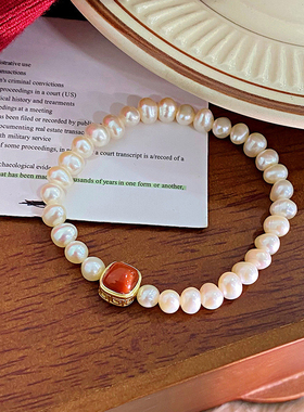 S925纯银新中式肥方南红珍珠手链女本命年转运手串轻奢高级感