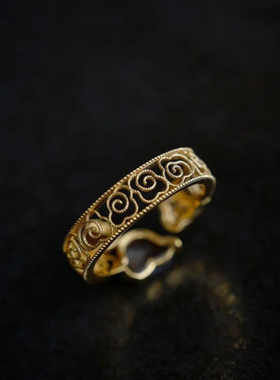 复古新中式花丝祥云纹戒指女宫廷风指环清冷感古着开口可调节戒