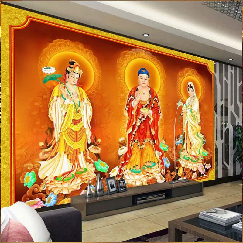 18D 西方三圣背景墙纸客厅佛像图壁画佛堂寺庙装饰接引图壁纸,淘宝优惠券,粉丝福利购,淘宝优惠卷