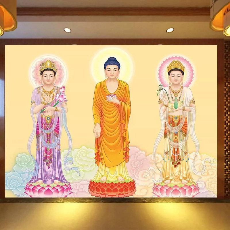 18D 西方三圣背景墙纸客厅佛像图壁画佛堂寺庙装饰接引图壁纸,淘宝优惠券,粉丝福利购,淘宝优惠卷