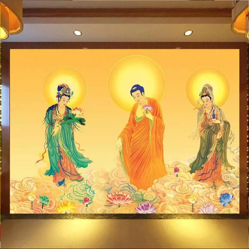 18D 西方三圣背景墙纸客厅佛像图壁画佛堂寺庙装饰接引图壁纸,淘宝优惠券,粉丝福利购,淘宝优惠卷
