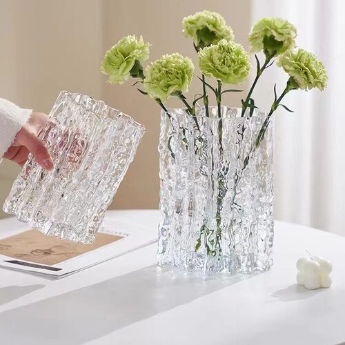 【高透】轻奢风高级感菱形冰川花瓶玻璃加厚水养鲜花插花客厅摆件 - 图0