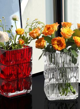 2026贺新年红色玻璃花瓶加厚水培插花玫瑰轻奢高级感客厅桌面摆件