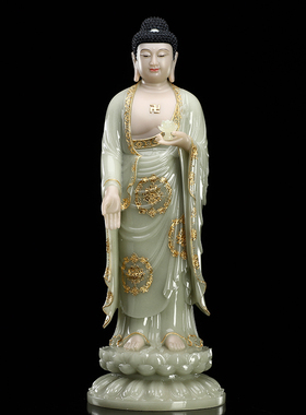 快速发货翠d玉镶金西方三圣阿弥陀佛观音佛像供奉家用客厅汉白玉