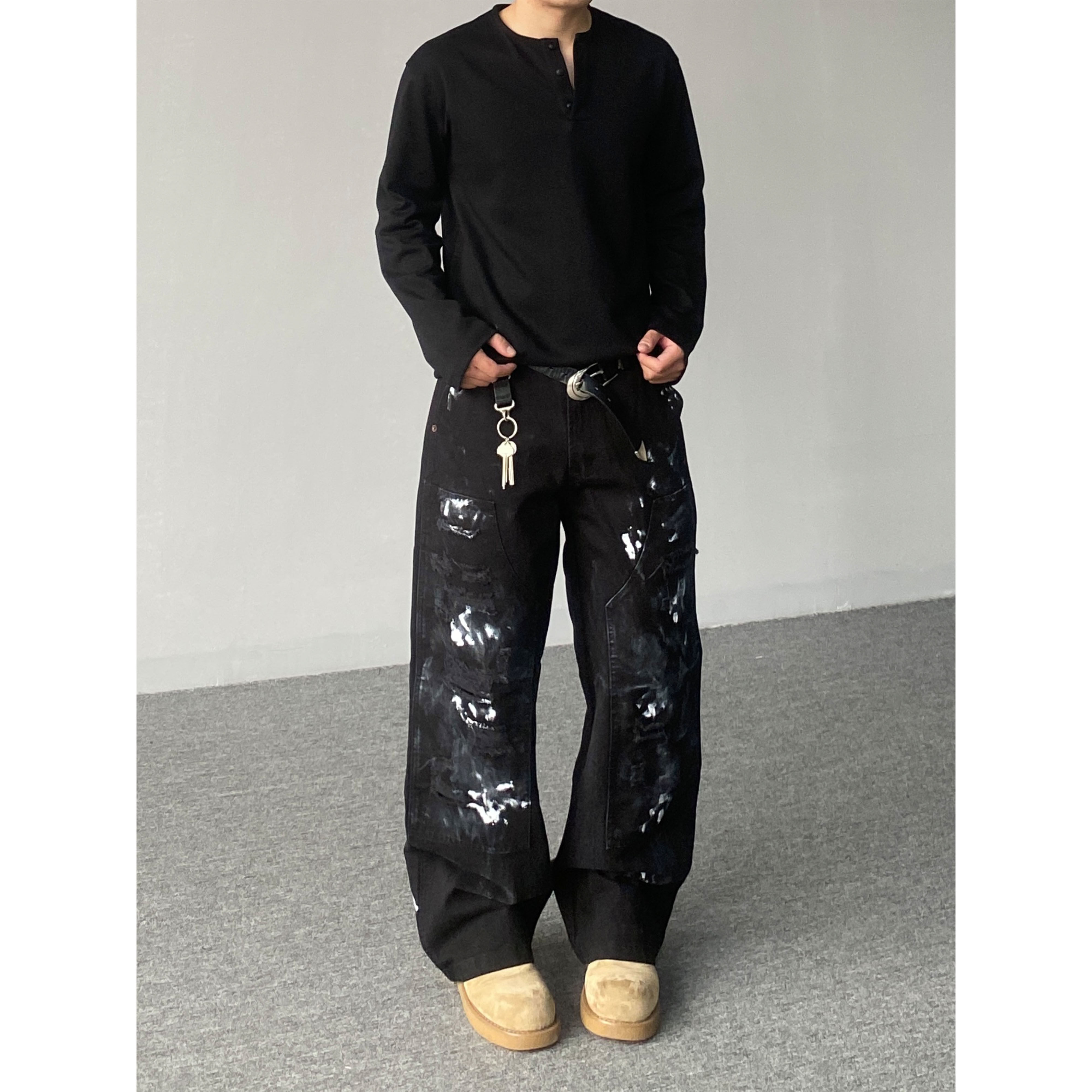 98SQUID 美式复古做旧泼墨破坏重工牛仔裤男女宽松休闲阔腿长裤潮 - 图1