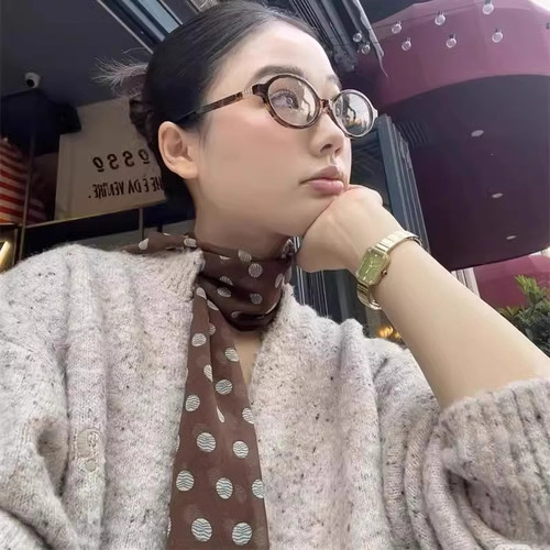 棕色韩版复古波点丝巾印花高级脖女气质新款领巾百搭发带长条围巾 - 图0