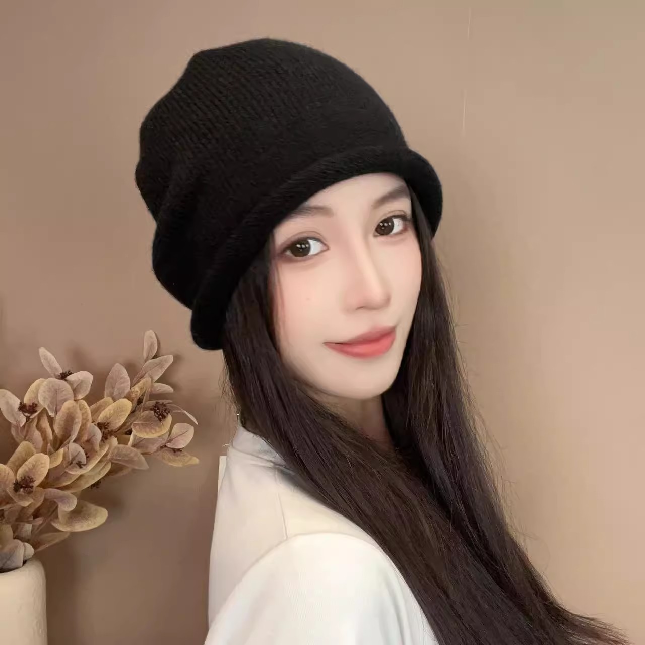 堆堆帽抽绳式针织毛线帽子女秋冬季大头围百搭包头冷帽网红显脸小 - 图1