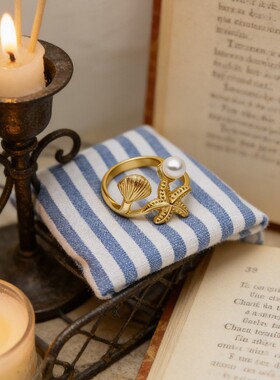 欧美跨境海洋度假风海螺扇贝壳戒指轻奢 ins风金属花朵闭口指环女