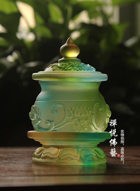 禅悦佛艺手工古j法琉璃浮雕莲花圣水杯佛供用品水贡杯摆件佛前供