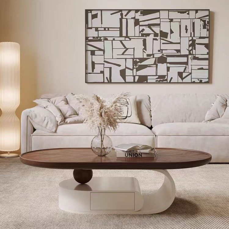 中古风椭圆形茶几客厅家用设计师现代极简小户型胡桃木色创意茶几,淘宝优惠券,粉丝福利购,淘宝优惠卷