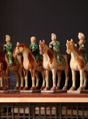 仿古唐朝代陶器陶马陶俑打马球俑摆件J马球俑工艺品中式家居饰