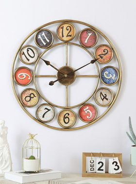 欧式创意铁艺彩色时钟壁挂客厅餐厅C装饰品圆形挂钟钟表装饰品摆