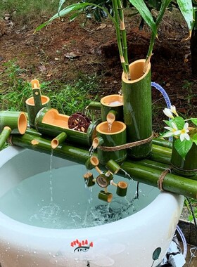 古法养鱼流水过滤j器竹子流水器循环石槽鱼缸家用户外庭院摆件过