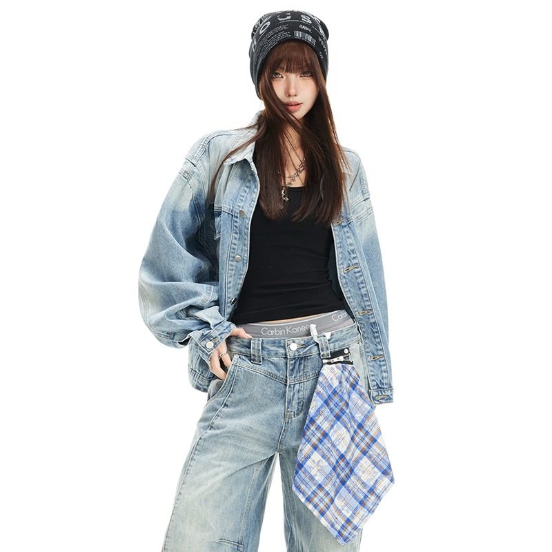 美式复古渐变牛仔外套女早春季新款翻领百搭宽松休闲夹克上衣男潮,淘宝优惠券,粉丝福利购,淘宝优惠卷