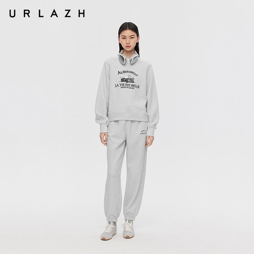 URLAZH有兰春季新款美式复古夹花灰圆领插肩袖印花烫钻宽松卫衣女 - 图1