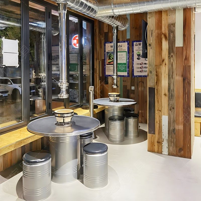 山葵烤肉桌子商用无烟打边泥炉炭火不锈钢油桶桌T椅工业风烤肉桌,淘宝优惠券,粉丝福利购,淘宝优惠卷