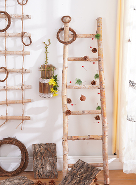 白桦木实木梯子森系原木装饰墙y面挂绳落地摆件复古怀旧幼儿园道
