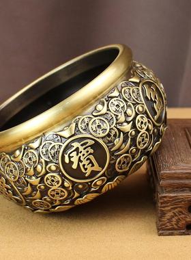 黄铜聚宝盆办公室客厅创意元宝五帝钱铜缸摆件中式地摊会销礼品