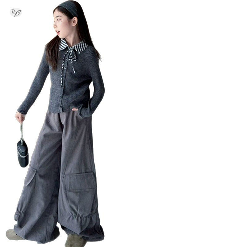 Girls' autumn new casual plaid bow tie sweater layered PU leather vest gray overalls suit