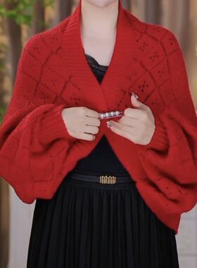 针织披肩女外搭秋冬开衫外套空调房斗篷毛衣保暖宽松长袖罩衫上衣