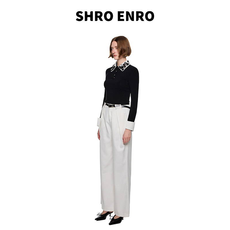 SHRO ENRO2025秋季新款可拆卸手工钉花修身Polo针织打底衫女上衣,淘宝优惠券,粉丝福利购,淘宝优惠卷