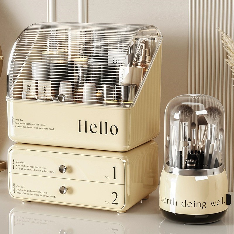 ins奶油风化妆品收纳盒桌面防B尘梳妆台护肤品口红置物架整理箱柜 - 图1