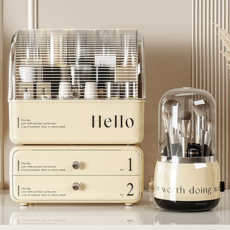ins奶油风化妆品收纳盒桌面防B尘梳妆台护肤品口红置物架整理箱柜 - 图2