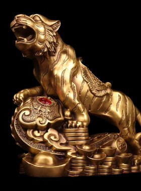 纯铜老虎摆件客厅办公室虎年生肖虎F啸山河铜金钱上山虎工艺品大