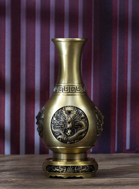 小铜记黄铜祥龙瓶佛堂供奉玉净瓶家居客厅装饰工艺品干铜