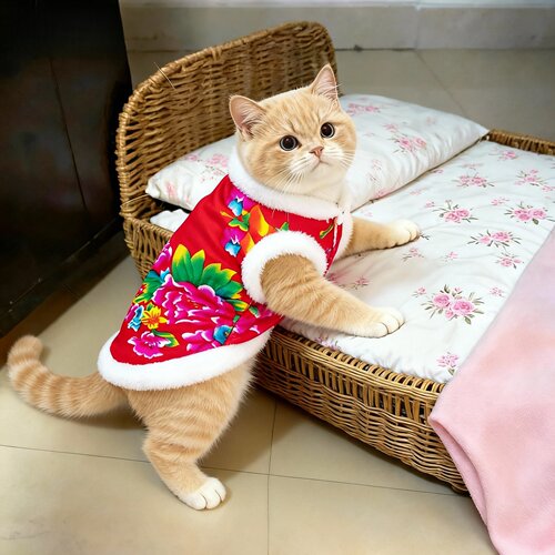 秋冬款东北大花猫咪棉袄毛绒领口宠物服装新年唐装保暖狗狗衣服 - 图1