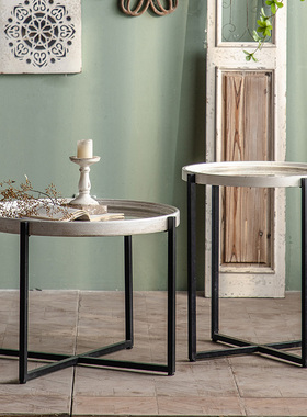 侘寂风复古铁艺双层小茶几客厅沙B发边几卧室床头角几轻奢小圆桌