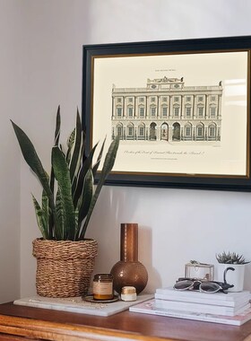 欧美式黑白复古玄关装饰画建筑素描E图书馆背景墙挂画艺术客厅壁