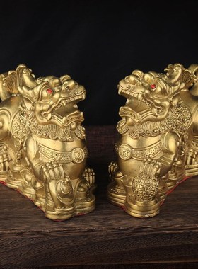 纯黄铜貔貅摆g件公母一对元宝貔貅瑞兽客厅店铺装饰品开业乔迁礼