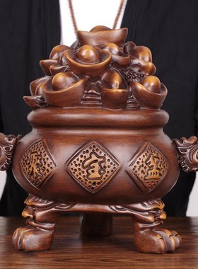 现货速发实木雕聚宝盆摆件办公室开业礼品新店铺收银台装饰品摆设