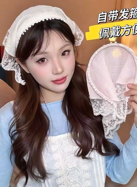 蕾丝发箍头巾一体田园白色三角巾