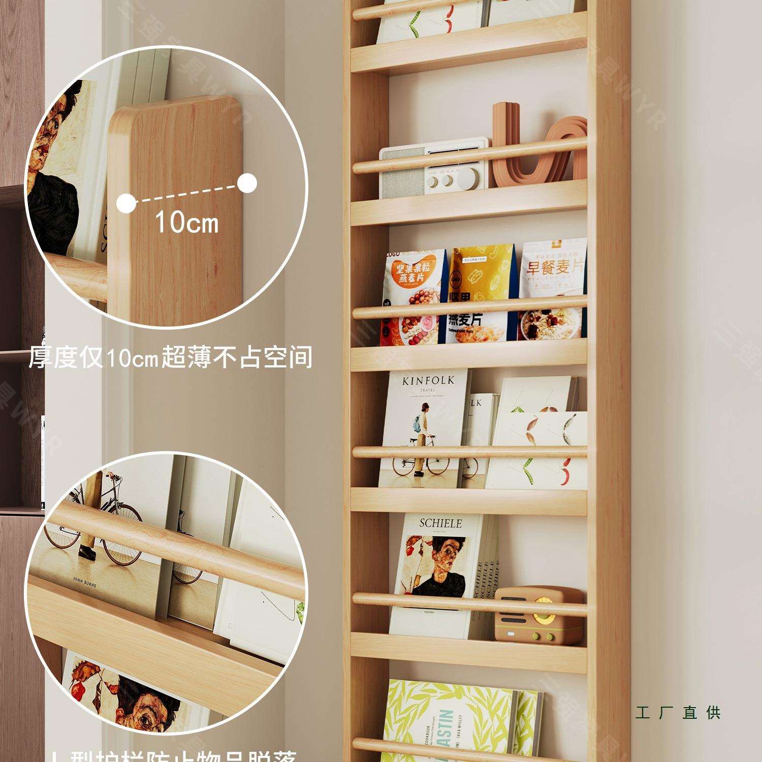 门后书架实木超薄收纳架免打孔墙上多层儿童绘本架一体靠墙置物架 - 图2