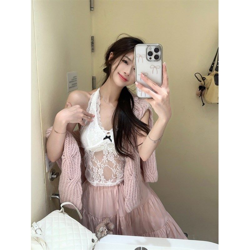 蝴蝶结宽松长袖针织毛衣蕾丝吊带背心粉色半身裙女秋季时尚套装潮,淘宝优惠券,粉丝福利购,淘宝优惠卷