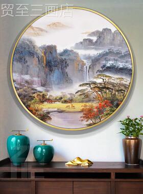 网红新中形式宝关玄饰画纯装手绘风景山水聚盆油画客厅圆挂画