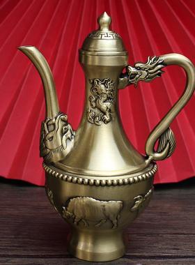 黄铜龙凤酒壶家居桌面铜工艺品摆件纯铜双凤酒壶宴会婚庆小铜器