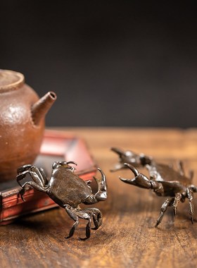 苏工纯铜b雕刻大闸蟹实心铜螃蟹茶宠茶玩可养高仿真茶桌创意摆件