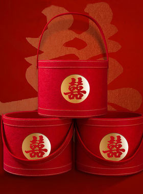 铁艺福桶福字抱抱桶银柳干花圆形红色花盒包装盒开业乔迁结婚花桶